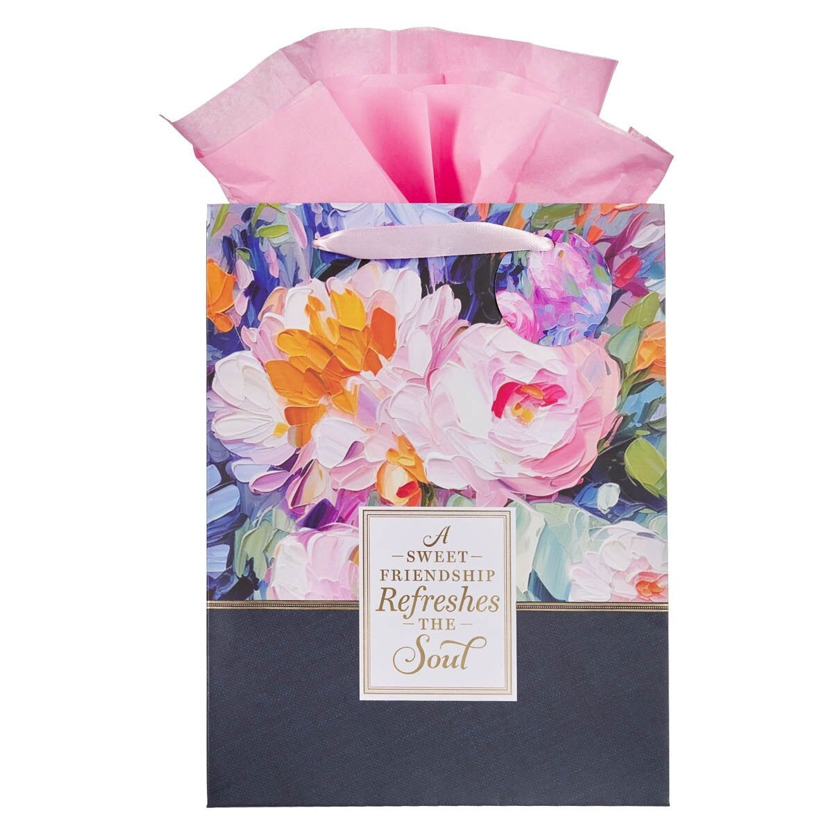 Large portrait gift bag with watercolor garden floral design, pink tissue paper, and friendship quote on front panel