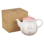 Faith, Hope, and Love petite floral teapot with pink lid, delicate flowers, and inspirational sentiment, packaged in kraft box