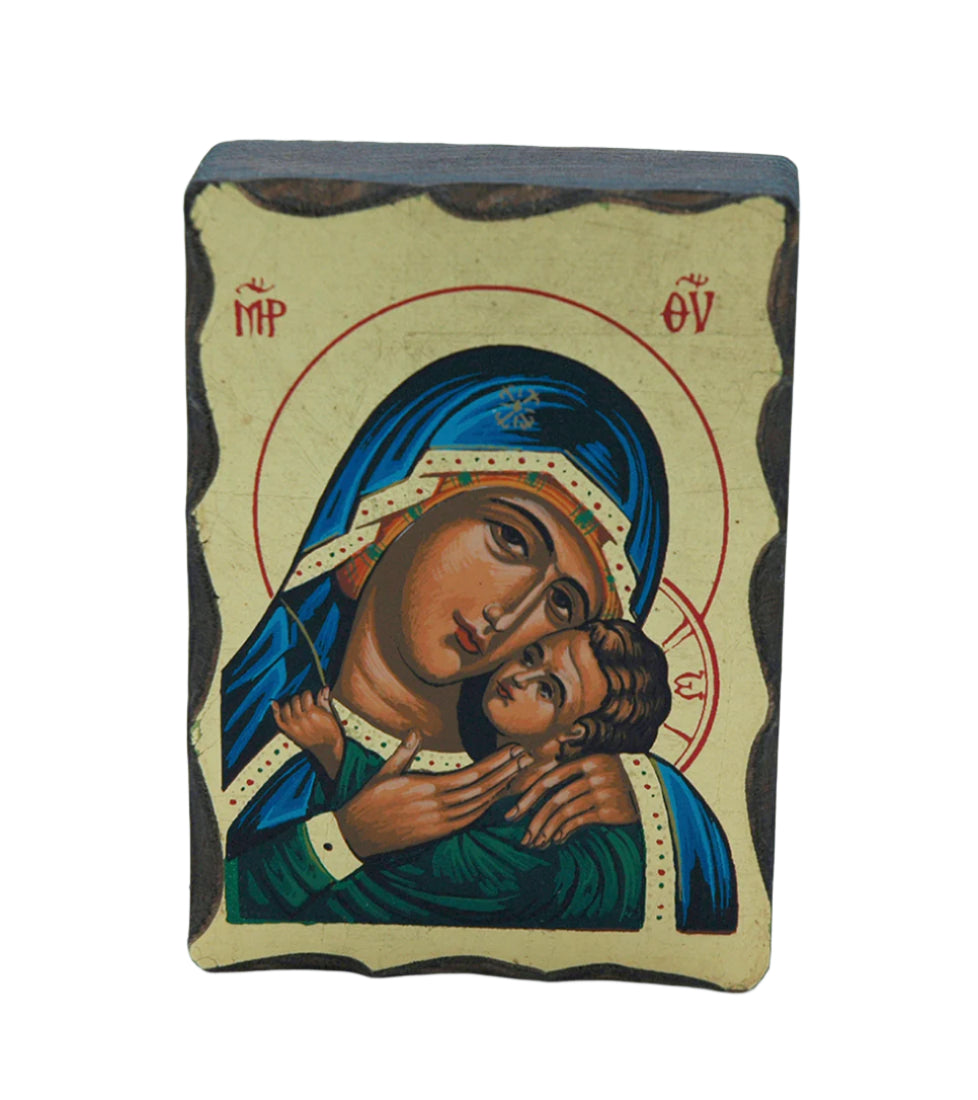 3 1/2" Greek hand painted serigraph icon of Madonna and Child with blue robes and gold accents on wooden table icon
