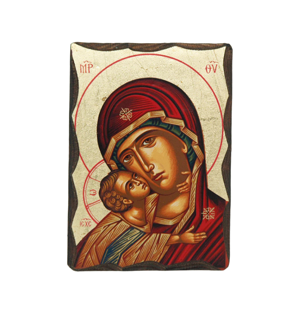 3 1/2" Greek hand painted Serigraph icon of Madonna and Child with red and gold accents on wood panel