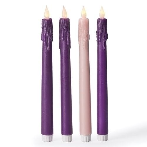 Set of four tapered LED Advent candles with three purple and one pink, realistic wax drip design