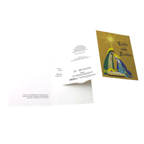 Christmas card with nativity illustration, gold star, and Spanish greeting "Cordiales saludos Navideños" on front cover.