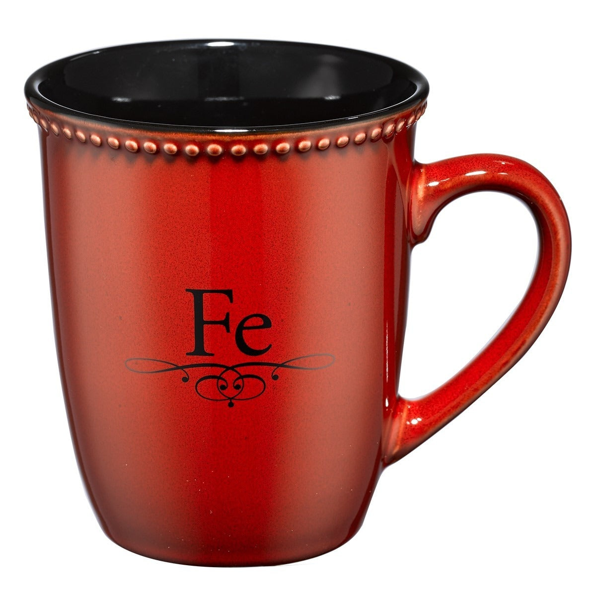 Red ceramic mug with black interior, embossed Fe text and decorative trim around the rim, gift ready design