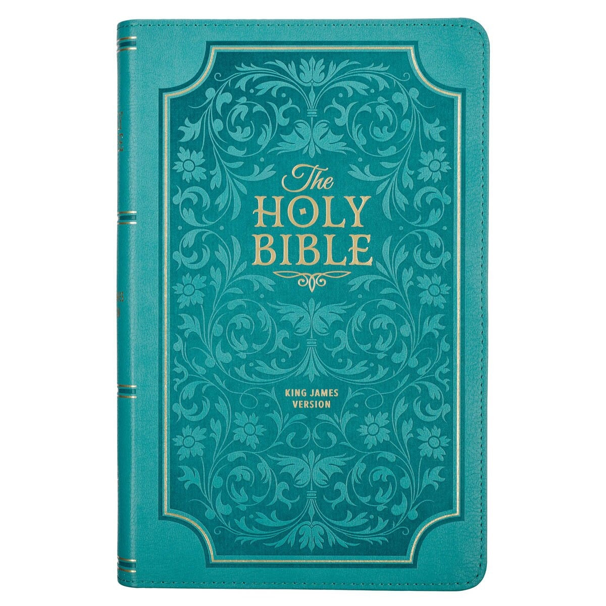 Teal faux leather King James Version Bible with giant print, floral embossed design, and gold foil title on cover