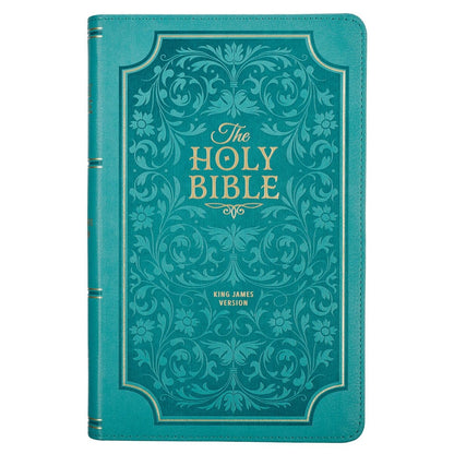 Teal faux leather King James Version Bible with giant print, floral embossed design, and gold foil title on cover