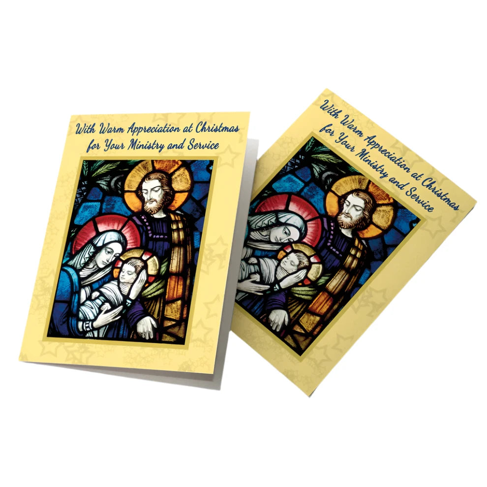 Christmas card with stained glass nativity scene and warm appreciation message for church ministry and service