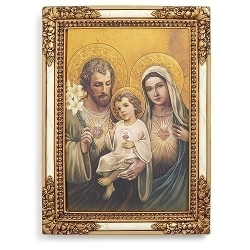Framed Three Chaste Hearts icon wall plaque showing the Holy Family with golden halos and sacred hearts, 7.25 inches tall