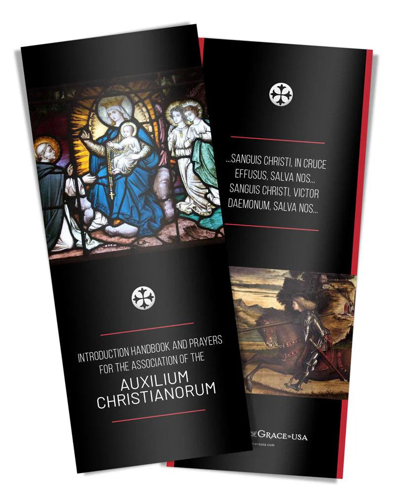 Folded prayer booklet for Auxilium Christianorum with stained glass and medieval knight artwork on black background
