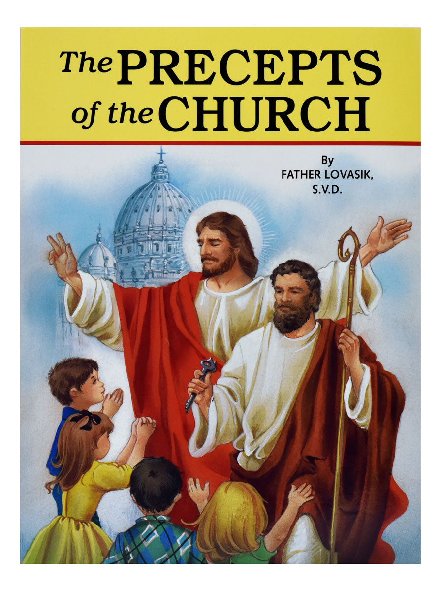 The Precepts Of The Church book cover with illustration of Jesus, a saint, and children praying near a cathedral dome