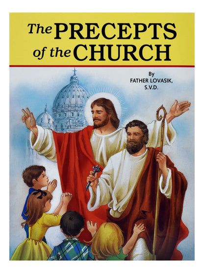 The Precepts Of The Church book cover with illustration of Jesus, a saint, and children praying near a cathedral dome