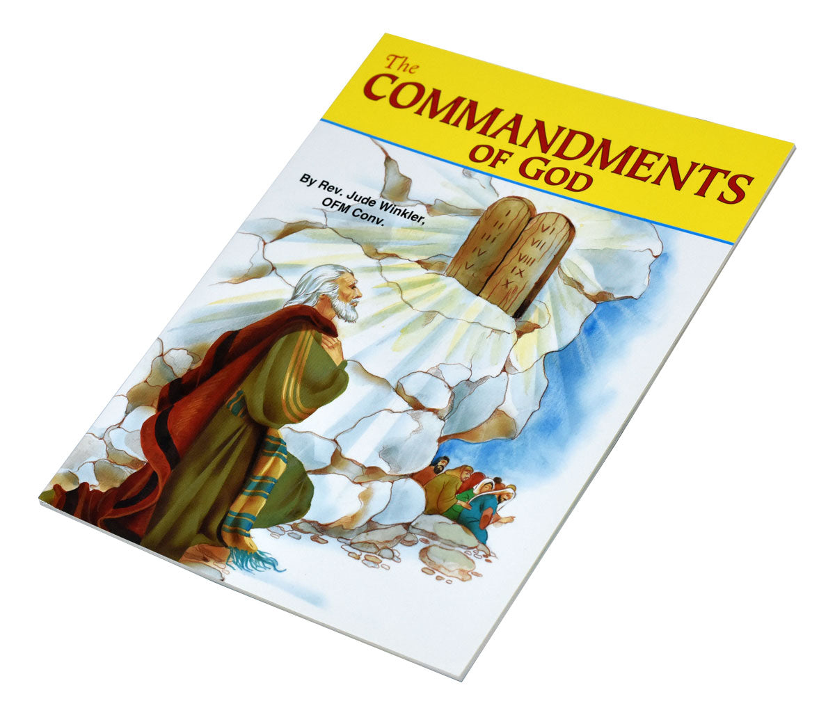 Children's religious book cover showing Moses receiving the stone tablets of the Commandments of God