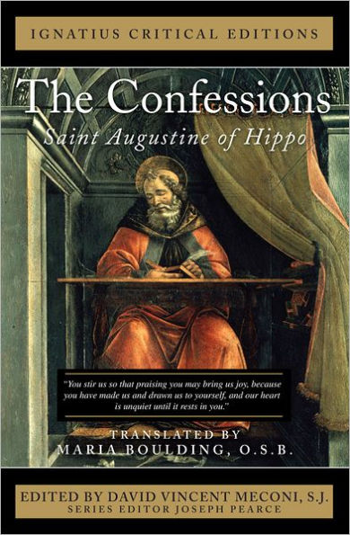 The Confessions by Saint Augustine 3D book cover with classical painting and Ignatius Critical Editions banner