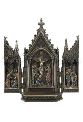 8" bronze Crucifixion Triptych statue with gothic details showing Jesus on the cross and Passion scenes on hinged panels