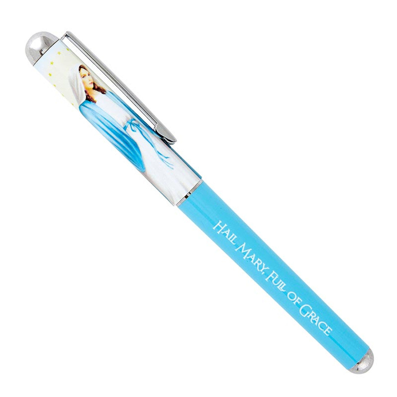 Blue devotional pen featuring Our Lady of Grace image and "Hail Mary, Full of Grace" inscription on barrel