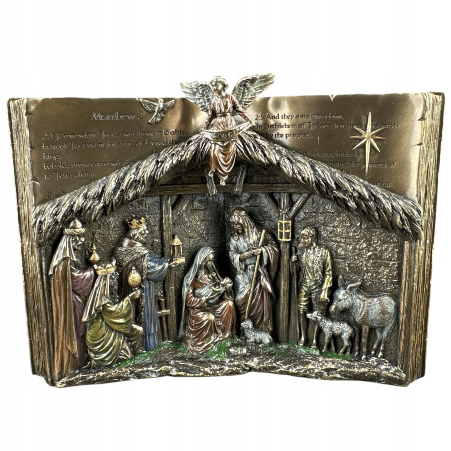 7 1/8" Holy Bible tabletop Nativity ornament depicting the birth scene with detailed figures and angel above stable