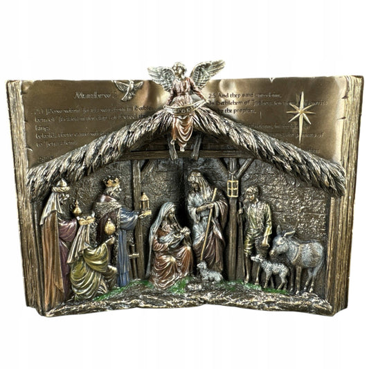 7 1/8" Holy Bible tabletop Nativity ornament depicting the birth scene with detailed figures and angel above stable