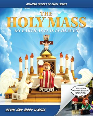 Lego-style comic book cover of Holy Mass scene with priest, angels, altar, and Christ on cross against blue sky background