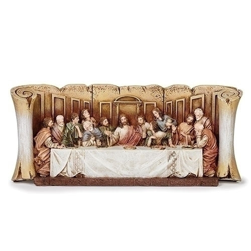 The Last Supper Scroll Tabletop Figurine 5.25" H with detailed depiction of Christ’s final meal and disciples on ornate scroll background
