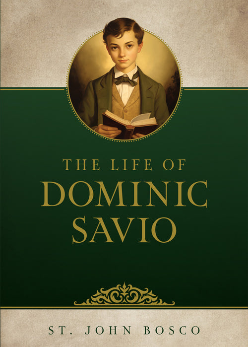 Book cover featuring a portrait of young Dominic Savio holding an open book with green and gold design elements