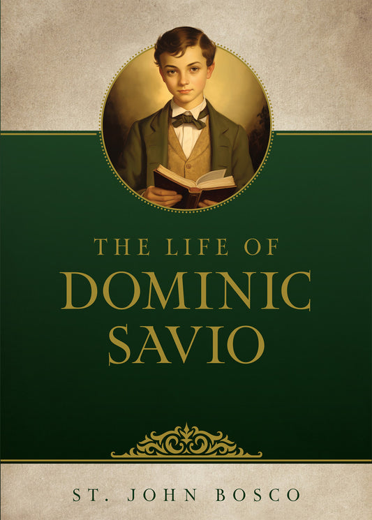 Book cover featuring a portrait of young Dominic Savio holding an open book with green and gold design elements