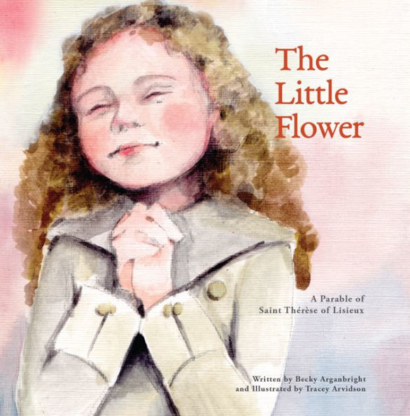 Watercolor illustration of young girl with curly hair praying softly, cover of The Little Flower storybook