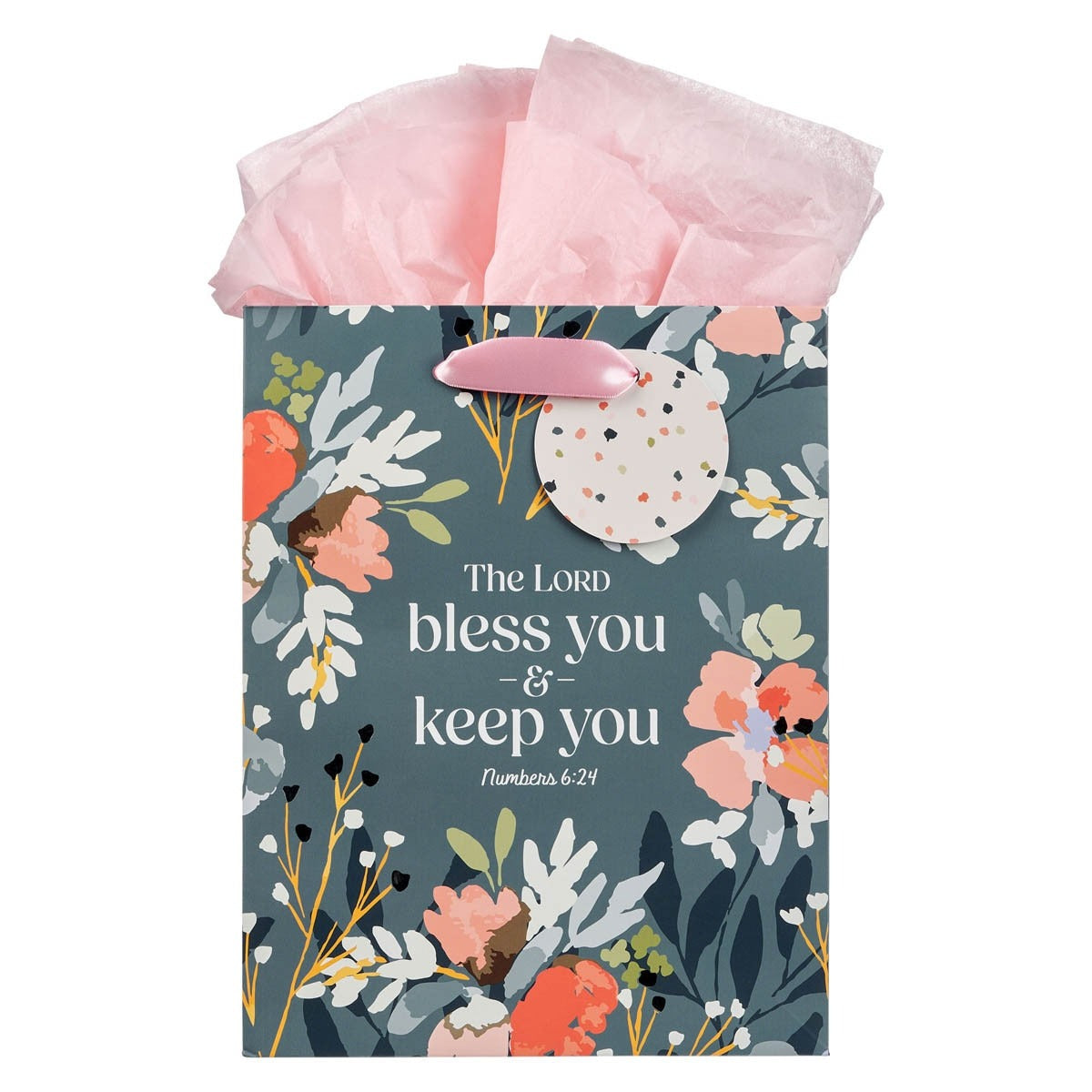 Medium teal gift bag with colorful floral design, pink tissue paper, and biblical blessing from Numbers 6:24 on front