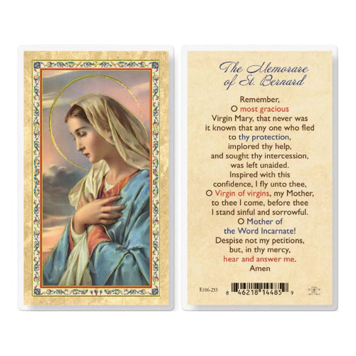 Prayer card of Virgin Mary with halo, hands crossed, and ornate border alongside text of The Memorare of St. Bernard prayer.