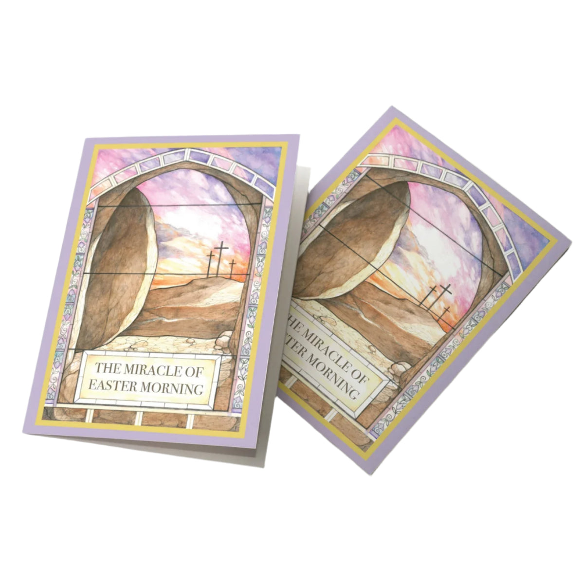 Easter card with stained glass design showing empty tomb and three crosses at sunrise titled The Miracle of Easter Morning