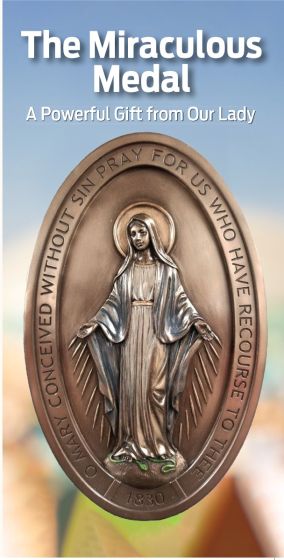 Pamphlet cover showing the Miraculous Medal with Our Lady and prayer inscription against blurred background