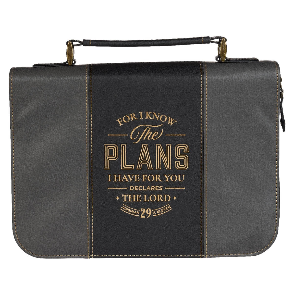Extra large black and charcoal faux leather Bible cover with gold scripture text and stitched handle strap