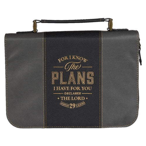 Extra large black and charcoal faux leather Bible cover with gold scripture text and stitched handle strap