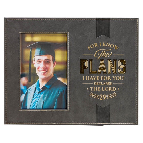 Charcoal faux leather graduation photo frame with gold stitching and Jeremiah 29:11 scripture design on cover