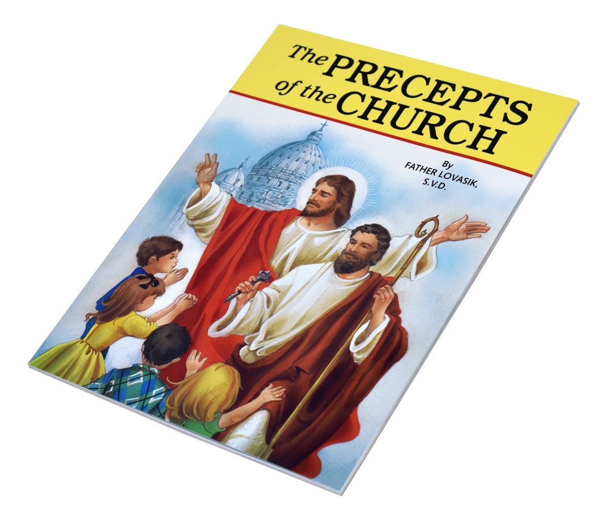 The Precepts of the Church book cover with colorful illustration of Jesus, a bishop, and children in worship stance