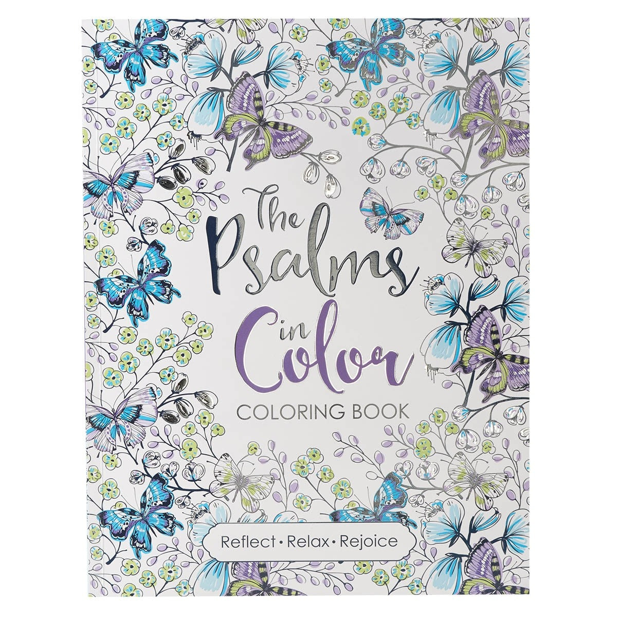 The Psalms in Color coloring book with intricate butterfly and floral designs and inspirational text on white background