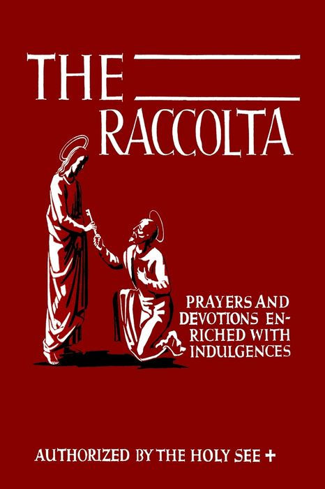 The Raccolta book cover in red with white text and illustration of two saints and prayers enriched with indulgences text