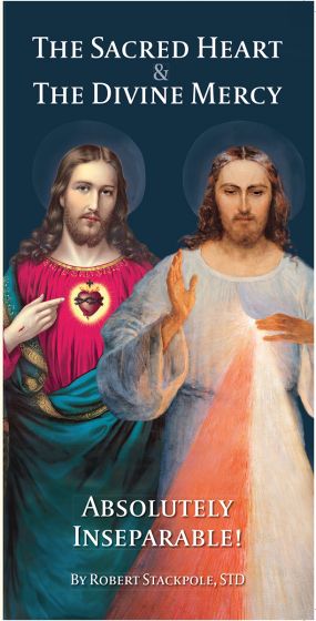 Pamphlet cover showing Sacred Heart of Jesus and Divine Mercy images with title and author name on blue background