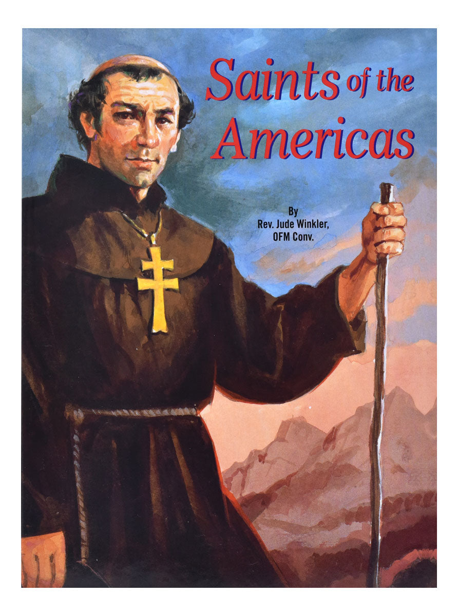 The Saints of the Americas book cover by Rev. Jude Winkler featuring a saint holding a staff with mountains background