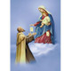 Illustration of the Virgin Mary handing the Brown Scapular to St. Simon Stock against a blue sky background