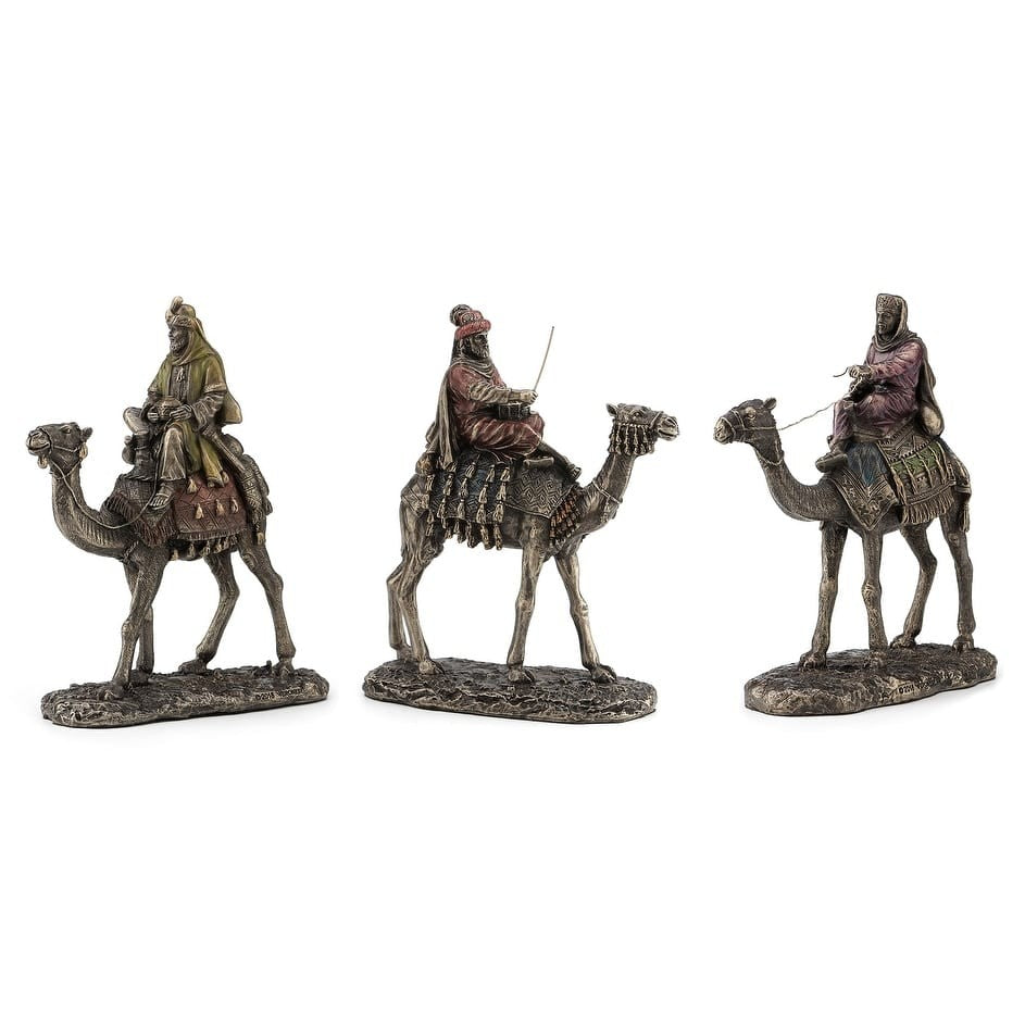 1.97" Three Kings nativity set in cold cast bronze with detailed robes and camels, crafted holiday decor piece