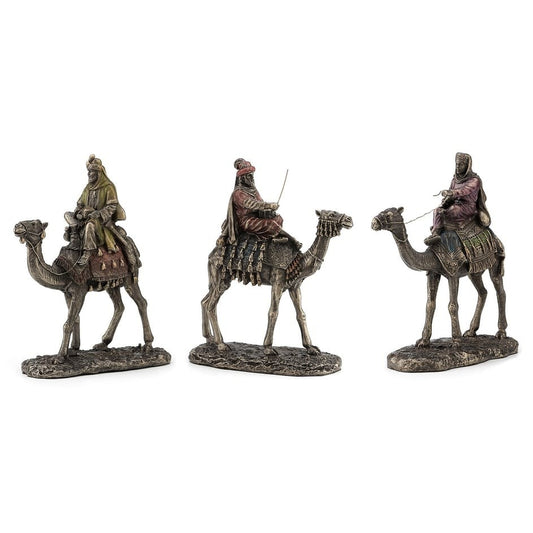 1.97" Three Kings nativity set in cold cast bronze with detailed robes and camels, crafted holiday decor piece