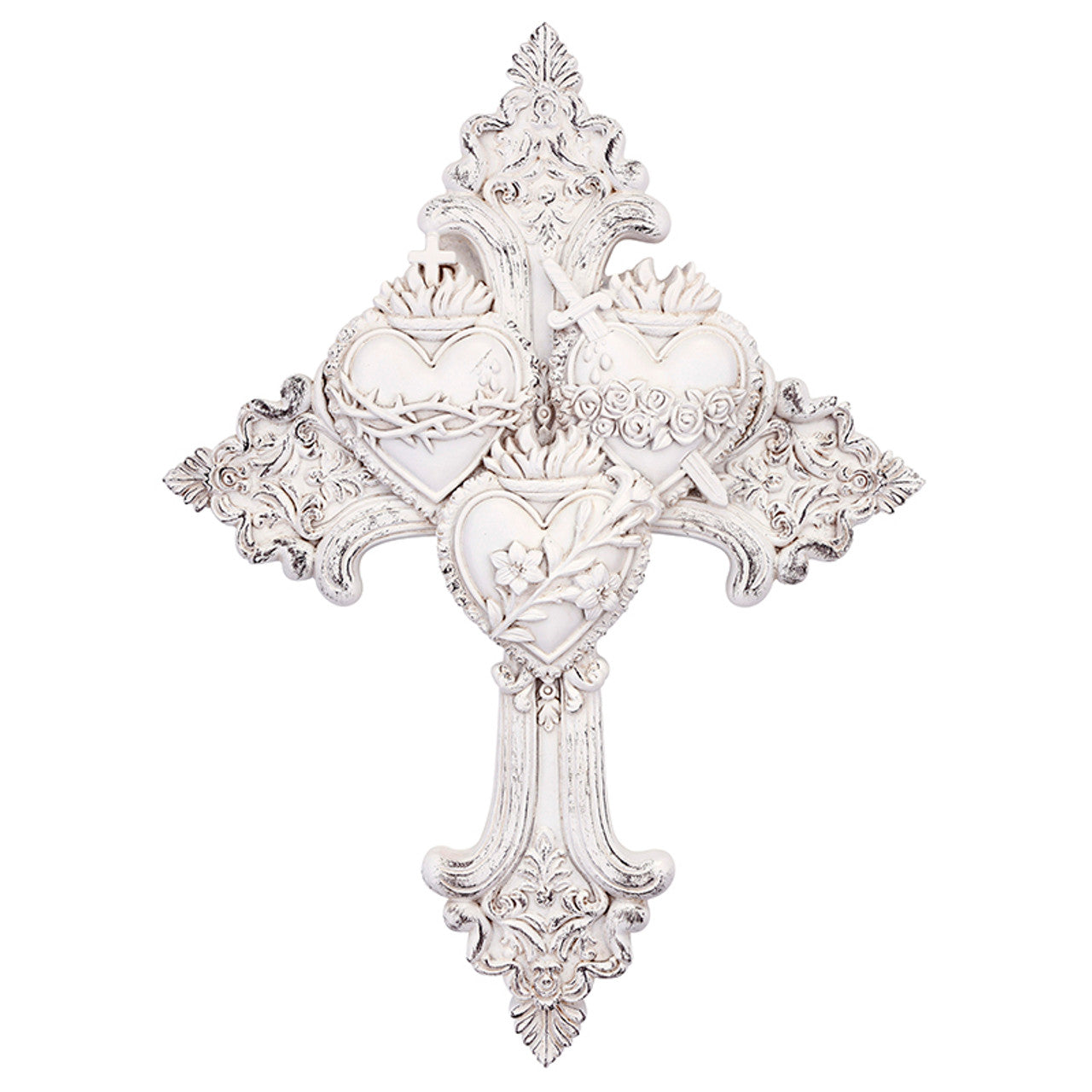 White ornate wall cross featuring the three Sacred Hearts of Jesus, Mary, and Joseph with floral and crown details