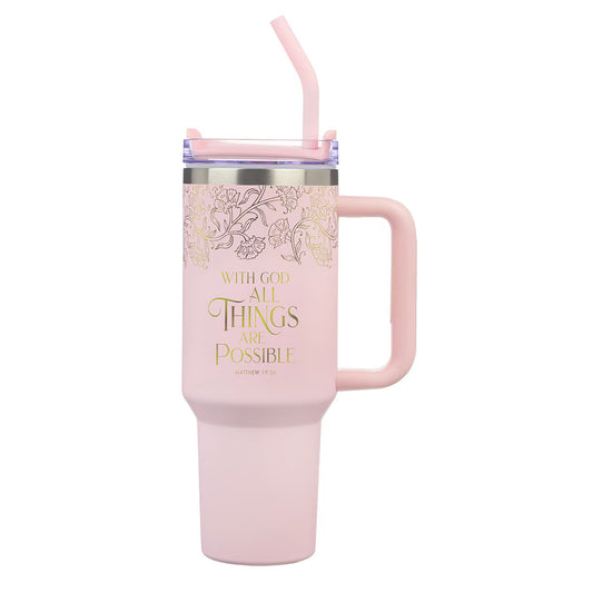 Things Are Possible Blush 40 oz Stainless Steel Travel Tumbler - Matthew 19:26