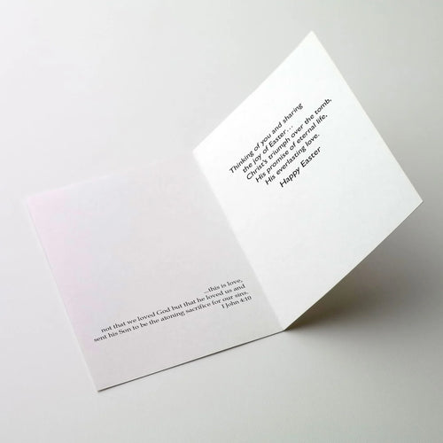 Inside view of Easter card with message of Christ’s triumph, everlasting love, and Bible verse from 1 John 4:10
