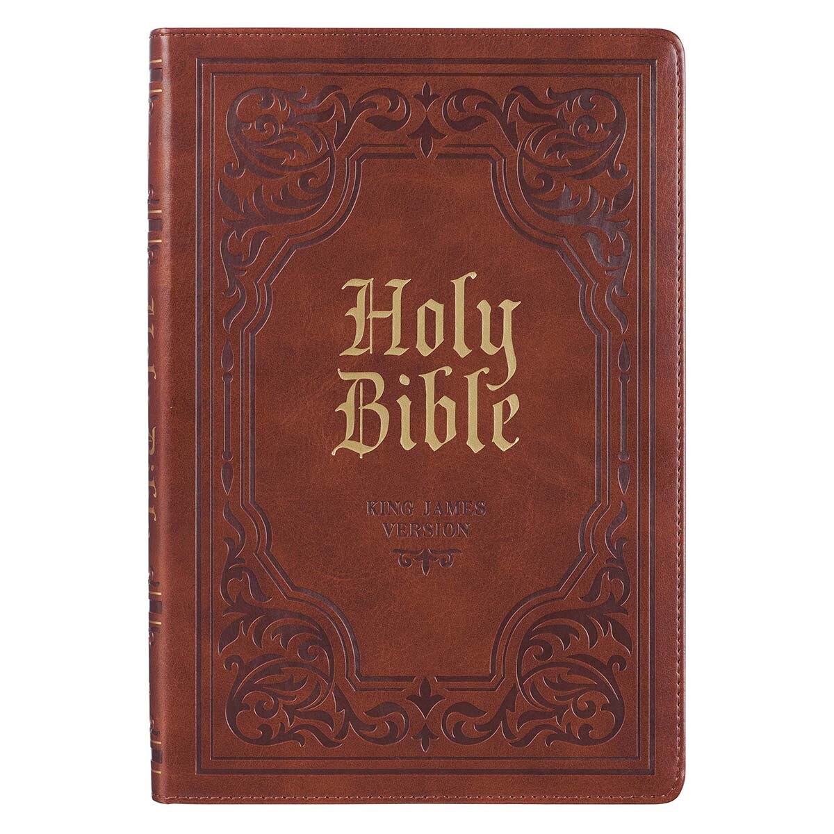 Antiqued brown faux leather King James Version Bible with large print, thinline design, and embossed decorative border