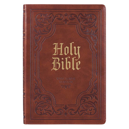 Antiqued brown faux leather King James Version Bible with large print, thinline design, and embossed decorative border
