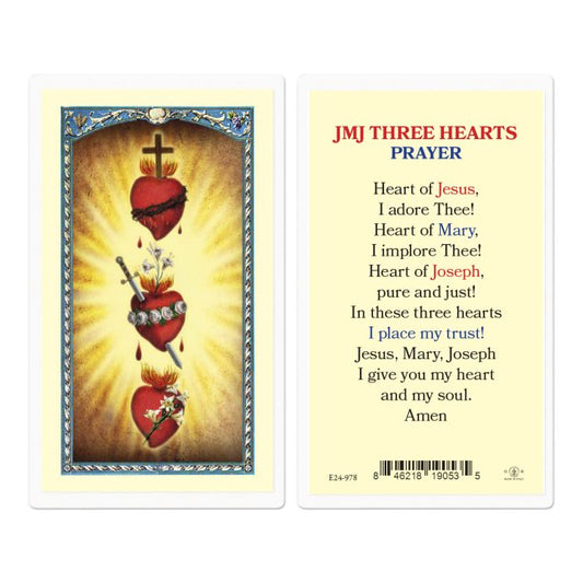 2 1/2" x 4 1/2" laminated JMJ Three Hearts Prayer holy card with Fratelli Bonella artwork and printed prayer on reverse