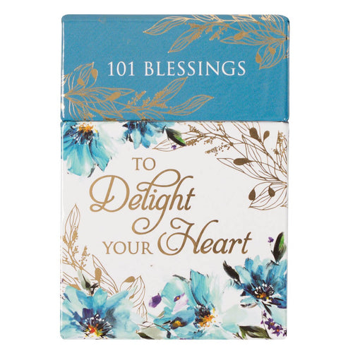 Box of 101 Blessings cards titled To Delight Your Heart with blue floral and gold leaf design on white and blue background