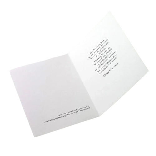 Inside of Love at Christmas card for Brother with scripture and Thanksgiving message celebrating family and faith
