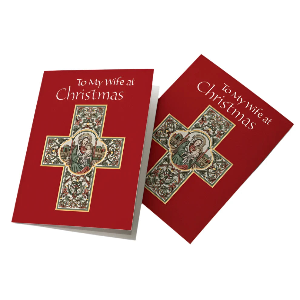 Christmas card for wife with religious cross artwork and "To My Wife at Christmas" text on red background