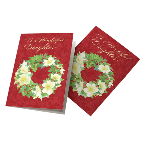 Christmas card for daughter with white poinsettia wreath on red background and gold script "To a Wonderful Daughter" text